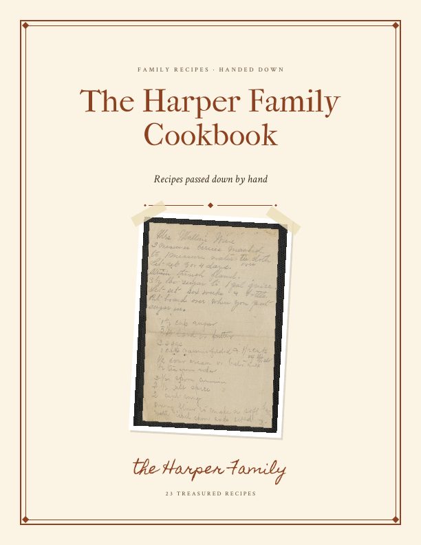 Vintage family cookbook cover with the family name and a photo of a handwritten recipe card